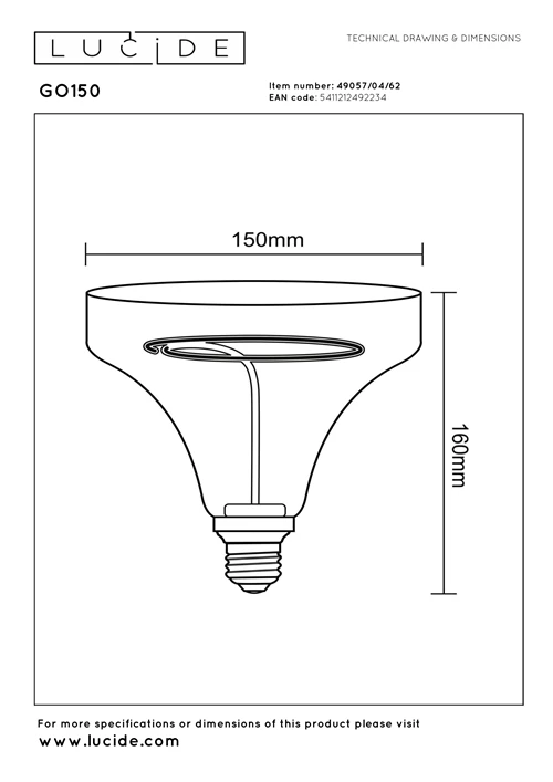 Lucide GO150 - Filament bulb - Ø 15 cm - LED Dim. - E27 - 1x4W 2200K - Amber - technical